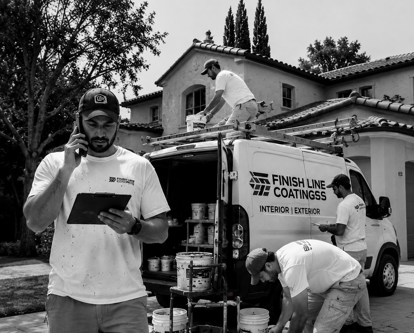 Painter foreman on phone with crew loading the van behind