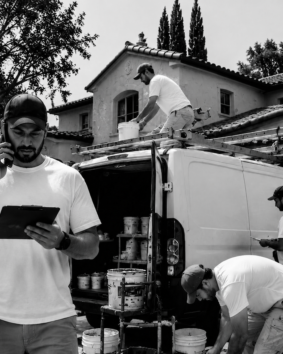 Painter foreman on phone with clipboard while crew works around the van